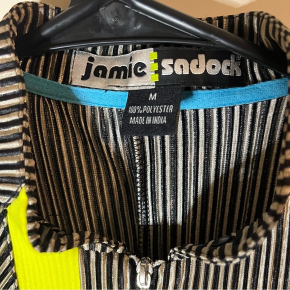 Jamie Sadock Sleeveless Golf Dress Black White Stripe Neon Yellow Zip Front M - Picture 5 of 6